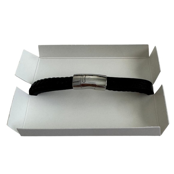 Mens Bracelet Braided Black Leather Stainless Steel Waterproof New In Box - Picture 1 of 2